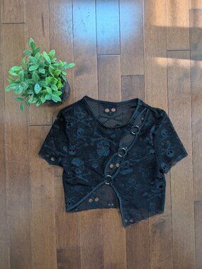SKULL PRINT MESH VINTAGE Y2K CROP TOP